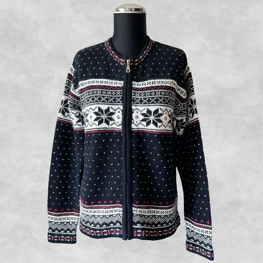 Studio Works Zip Front Cardigan Sweater Petite Medium Nordic Snowflake Fair Isle